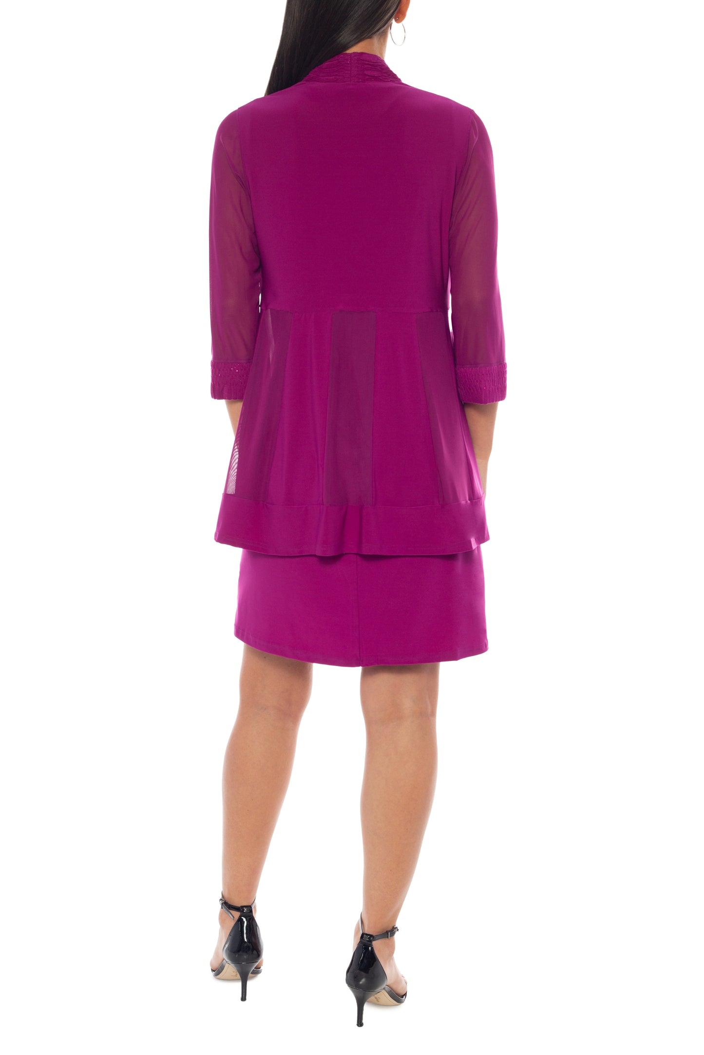 Marina Round Neckline Relaxed-Fit Top With Sheer Inserts Textured Jacket - FUSCHIA - back