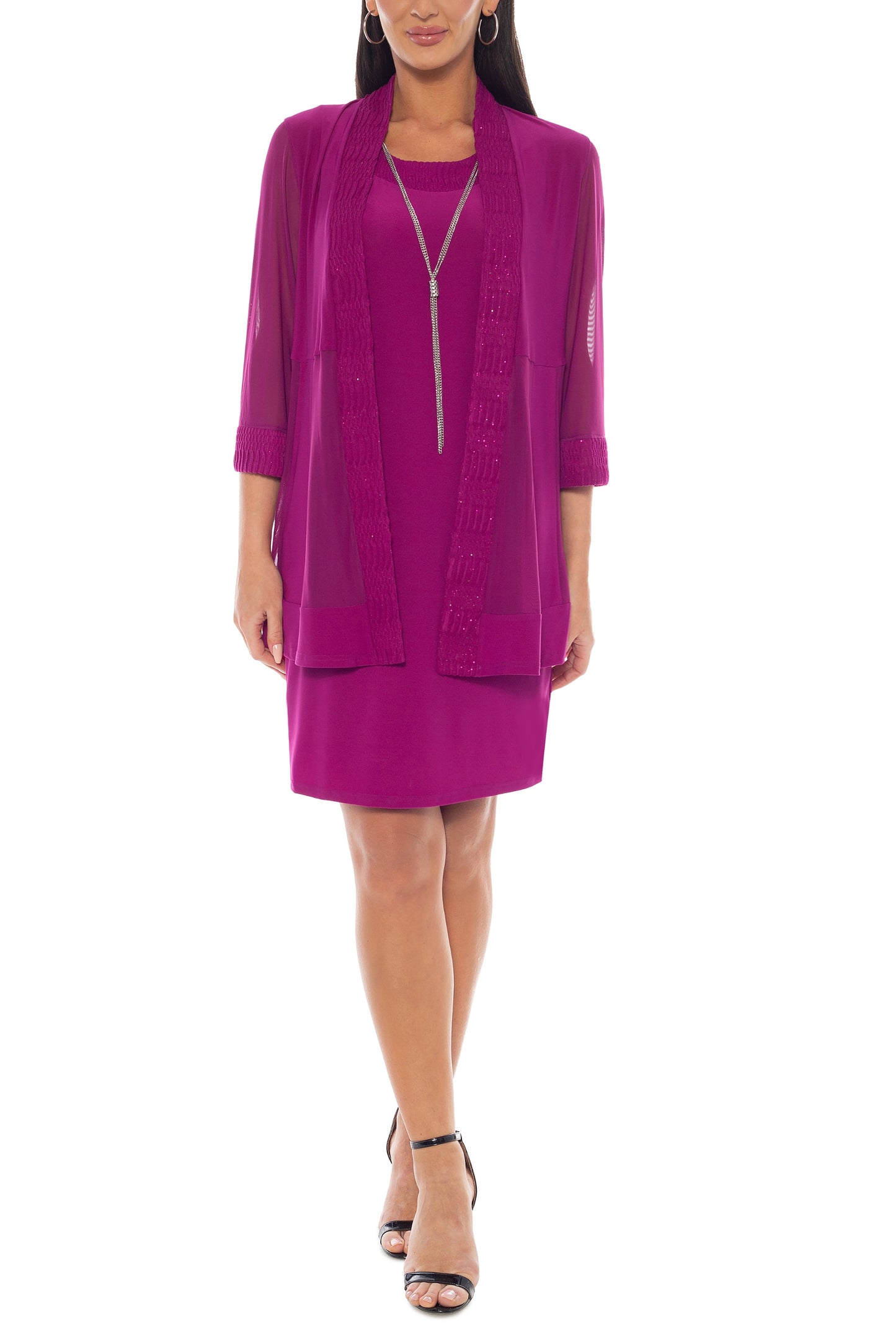 Marina Round Neckline Relaxed-Fit Top With Sheer Inserts Textured Jacket - FUSCHIA - front