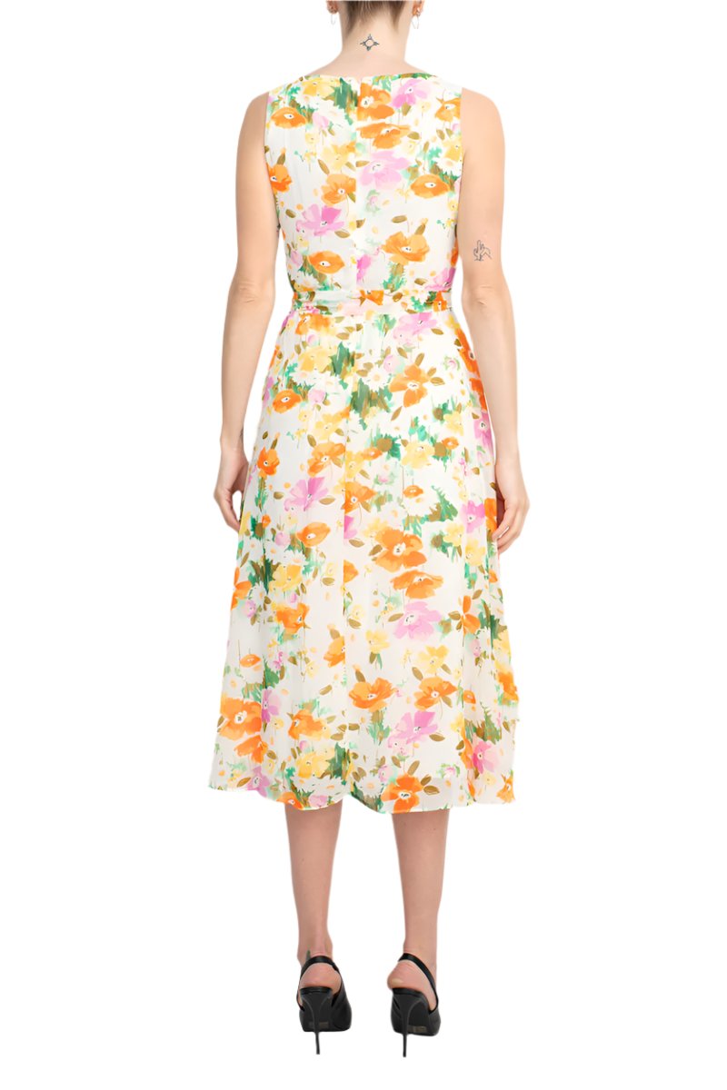 Maison Tara Scoop Neck Back Zipper Sleeveless Floral Midi Dress Matching Chiffon Jacket - IVORY CORAL - BACK