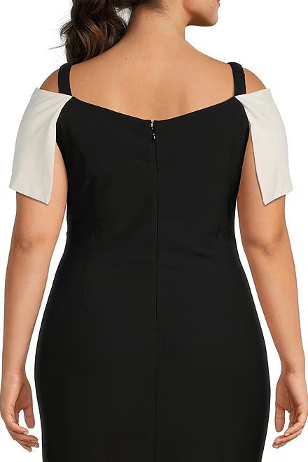 Marina Off-the-Shoulder Short Sleeve Ruched Waist Crepe Sheath Gown (Plus Size) - Wholesale