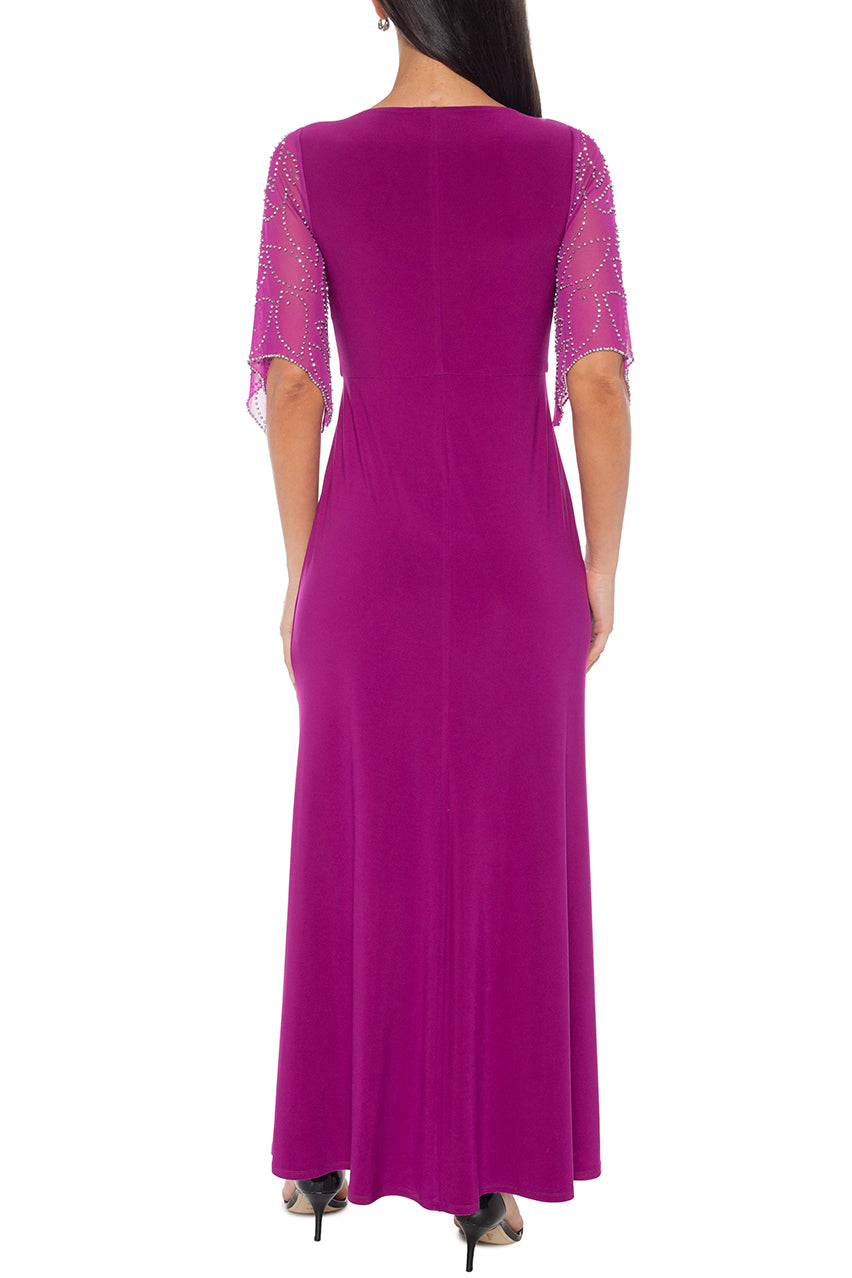 Marina Deep V-Neckline Beaded Sleeves Maxi Silhouette Dress (Plus Size) - MAGENTA - back