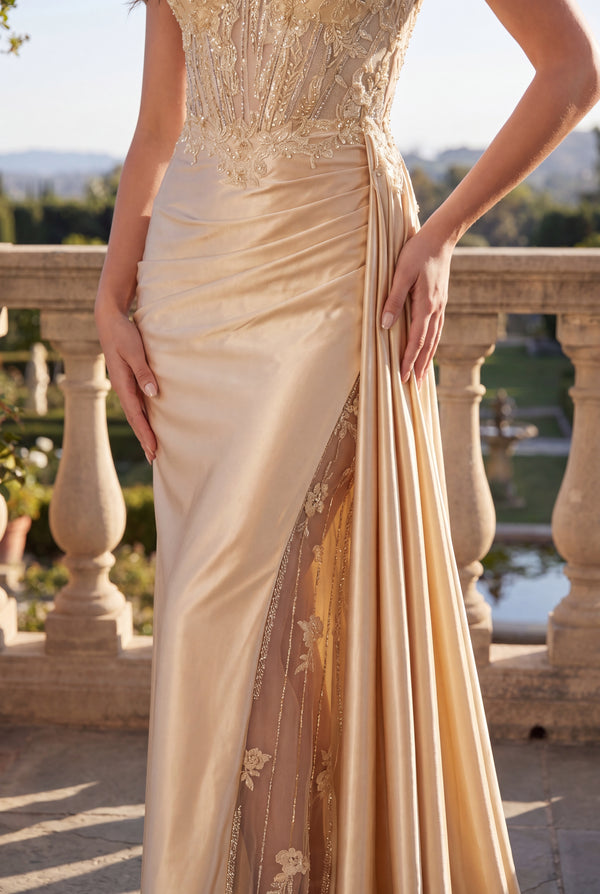 Lace Up Prom Long Dresss with Beaded Drape Slit