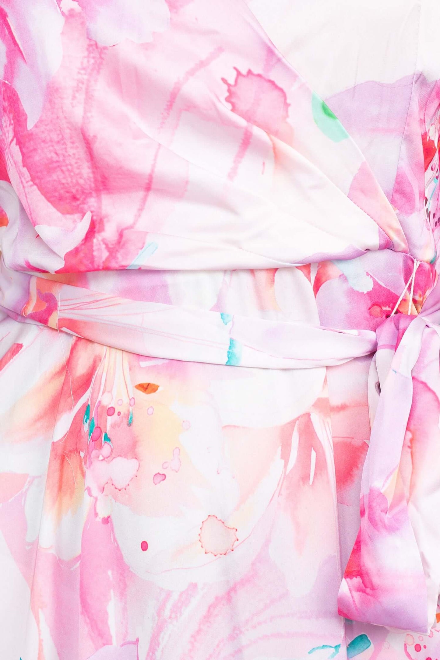 Tahari ASL V-Neck Spaghetti Strap Tie Waist Zipper Back Multi Print Slit Side Satin Dress - BLUSH - FABRIC