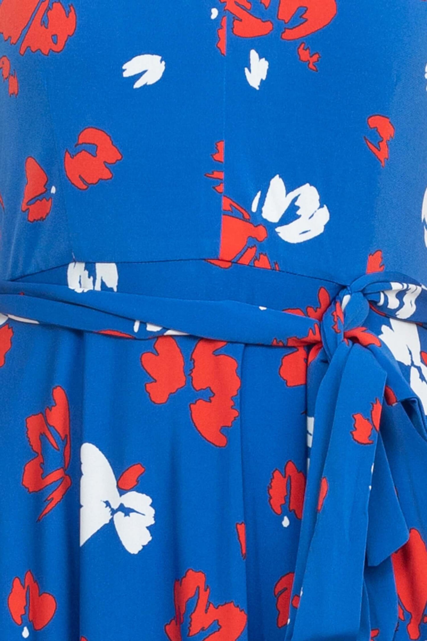 Tahari ASL Crossed Neck Sleeveless Tie Waist Zipper Back Multi Print Jersey Dress - BLUE MULTI - FABRIC