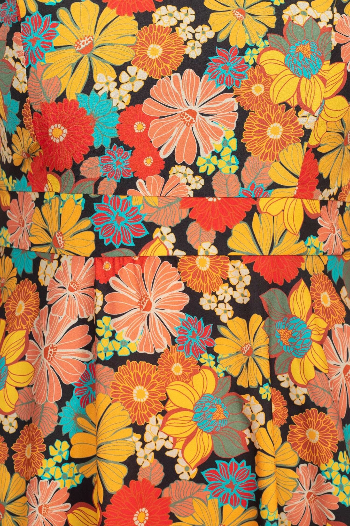 Tahari ASL High Tie Neck Sleeveless Zipper Back Floral Print Fit & Flare Satin Dress - BLACK MUSTARD - FABRIC