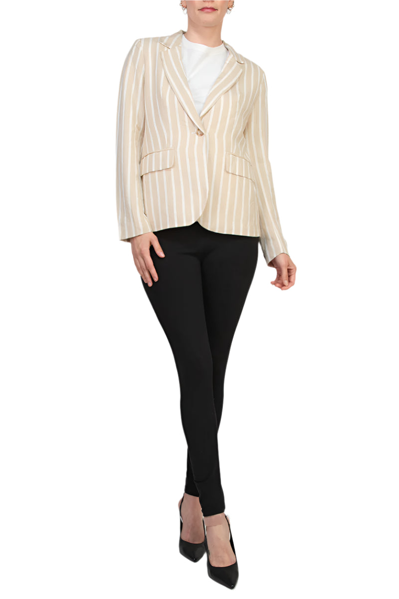 Philosophy One Button Closure Stripe Pattern Notched Collar Long Sleeve Linen Cotton Blend Blazer - TAN STRIPE - front