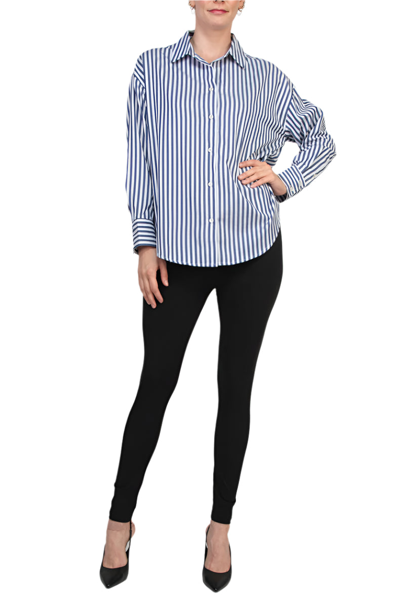 Philosophy Button Down Closure Stripe Pattern Collared Cuffed Long Sleeve Top Shirt - BLUE STRIPE - front