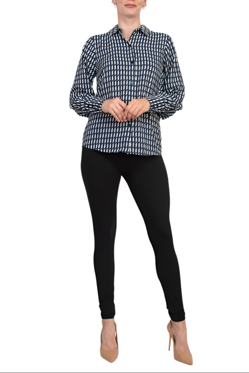 Grace Geometric Diagonal Stripes Collared Neckline Buttoned Cuffs Top Blouse Dress - NAVY WHITE - Front