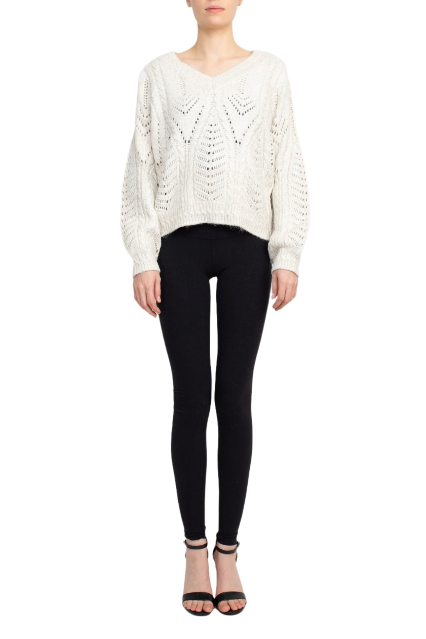 Philosophy V-Neck Long Sleeves Knitted Sweater - PEARL GREY HEATHER - Front Full View