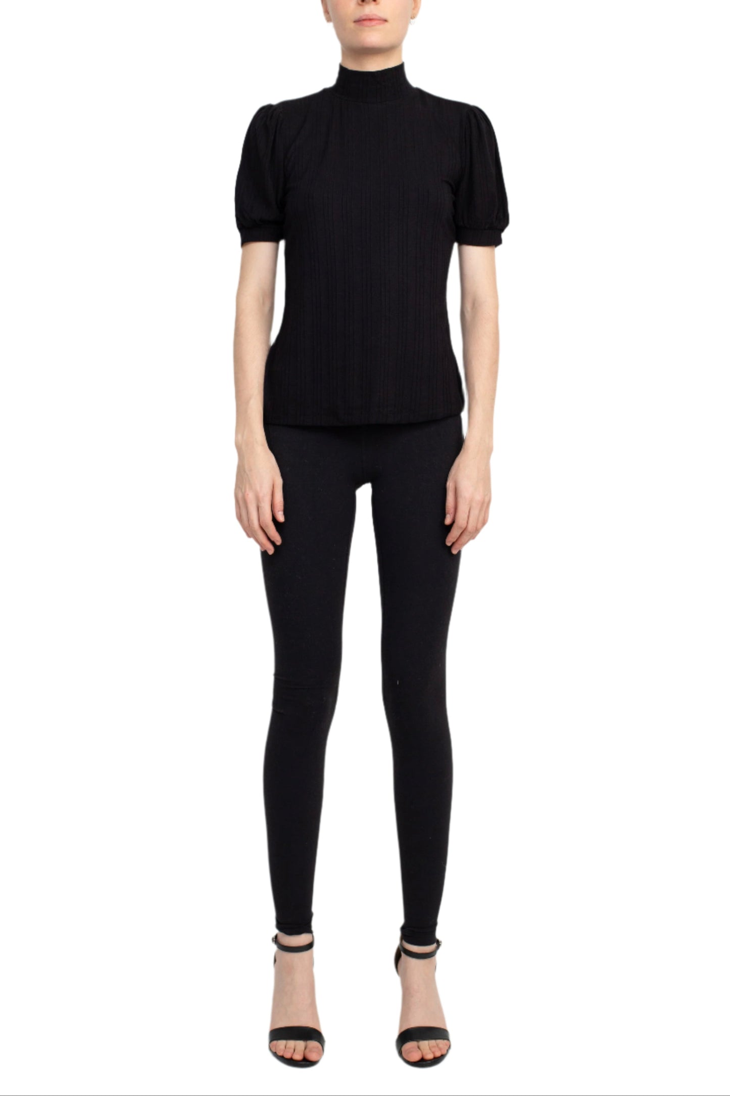 Philosophy Mock Neck Short Sleeve Top - BLACK - Front Full View