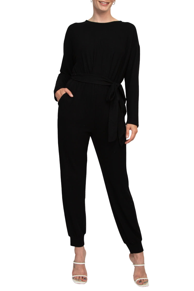 Philosophy Crew Neck Dolman Long Sleeve Tie Waist Elastic Hem Pockets Jersey Knit Jumpsuit - BLACK - Front
