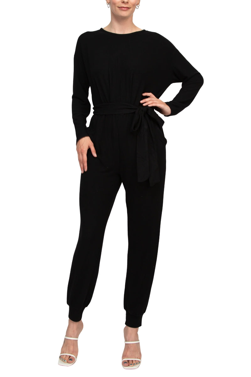 Philosophy Crew Neck Dolman Long Sleeve Tie Waist Elastic Hem Pockets Jersey Knit Jumpsuit - BLACK - Front View