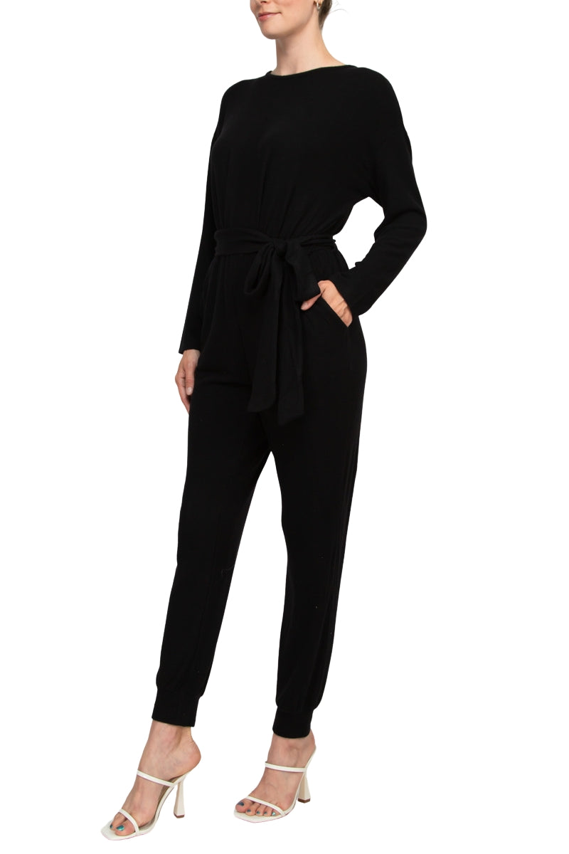 Philosophy Crew Neck Dolman Long Sleeve Tie Waist Elastic Hem Pockets Jersey Knit Jumpsuit - BLACK - Side