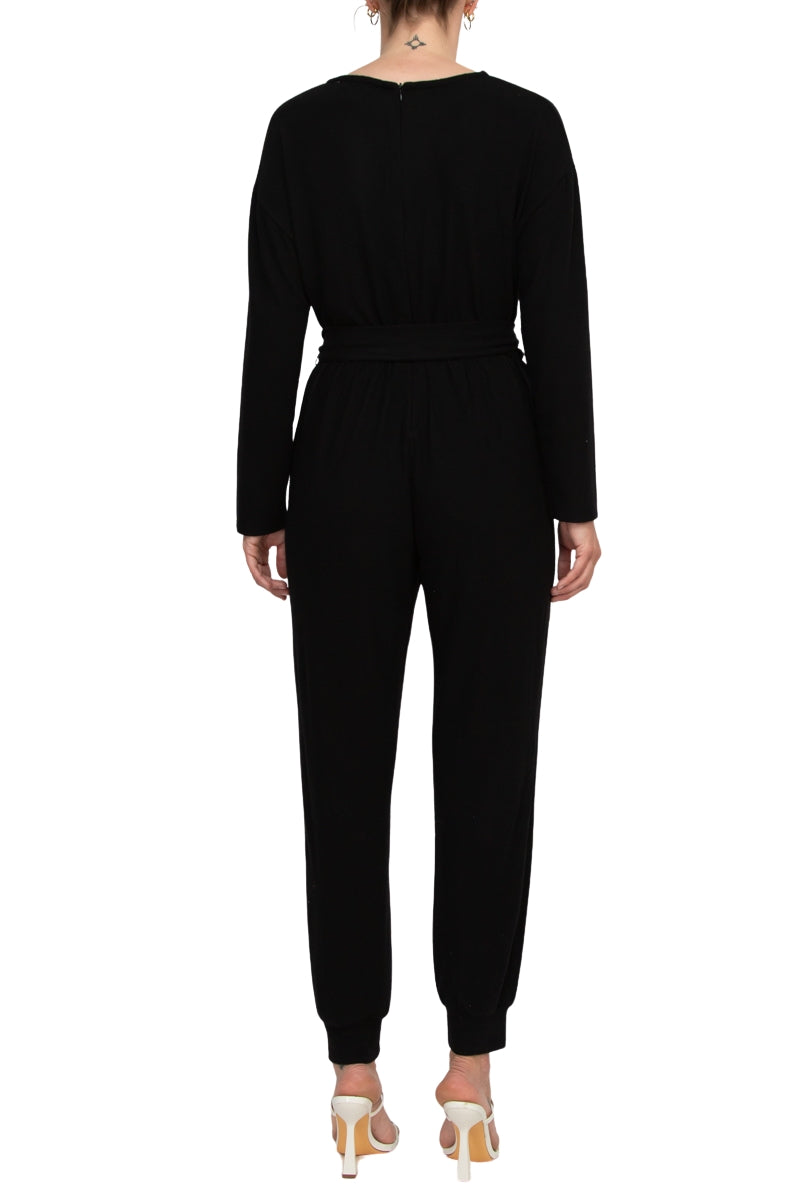 Philosophy Crew Neck Dolman Long Sleeve Tie Waist Elastic Hem Pockets Jersey Knit Jumpsuit - BLACK - Back