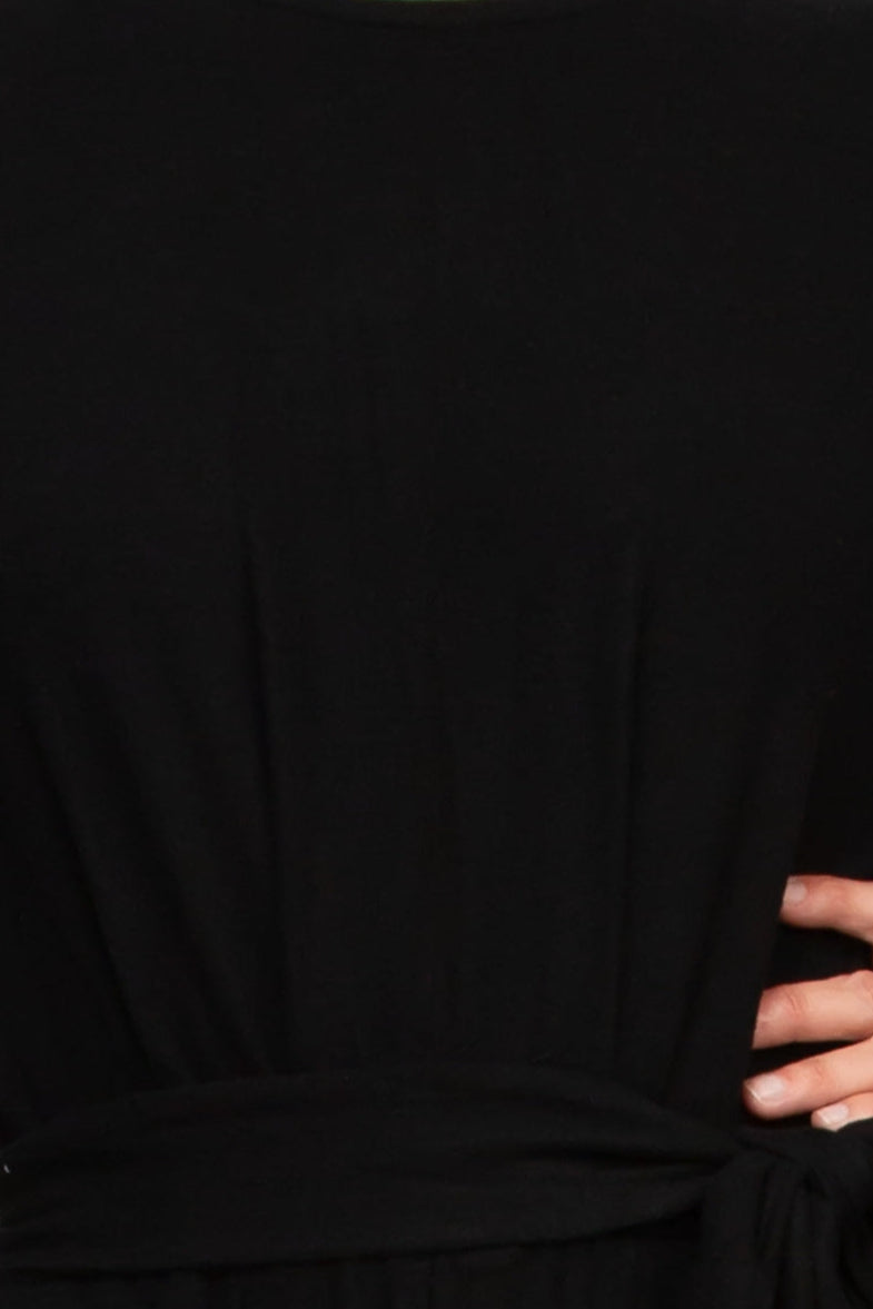 Philosophy Crew Neck Dolman Long Sleeve Tie Waist Elastic Hem Pockets Jersey Knit Jumpsuit - BLACK - Fabric