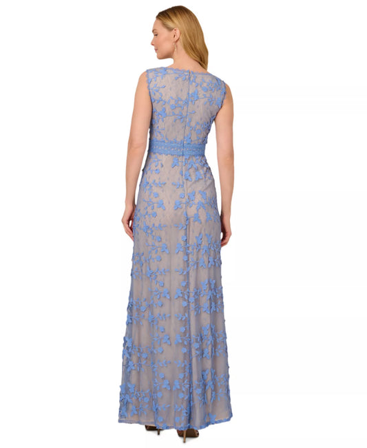 Periwinkle V-Neck Floor-Length Lace Formal Sheath Dress Applique Detail Adrianna Papell AP1E211880