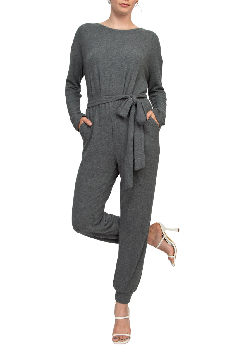 Philosophy Crew Neck Dolman Long Sleeve Tie Waist Elastic Hem Pockets Jersey Knit Jumpsuit - HEATHER GRAY - Front View