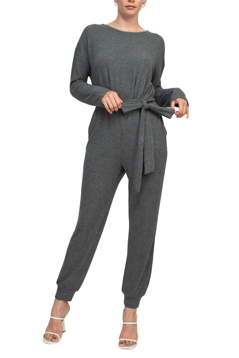 Philosophy Crew Neck Dolman Long Sleeve Tie Waist Elastic Hem Pockets Jersey Knit Jumpsuit - HEATHER GRAY - Front