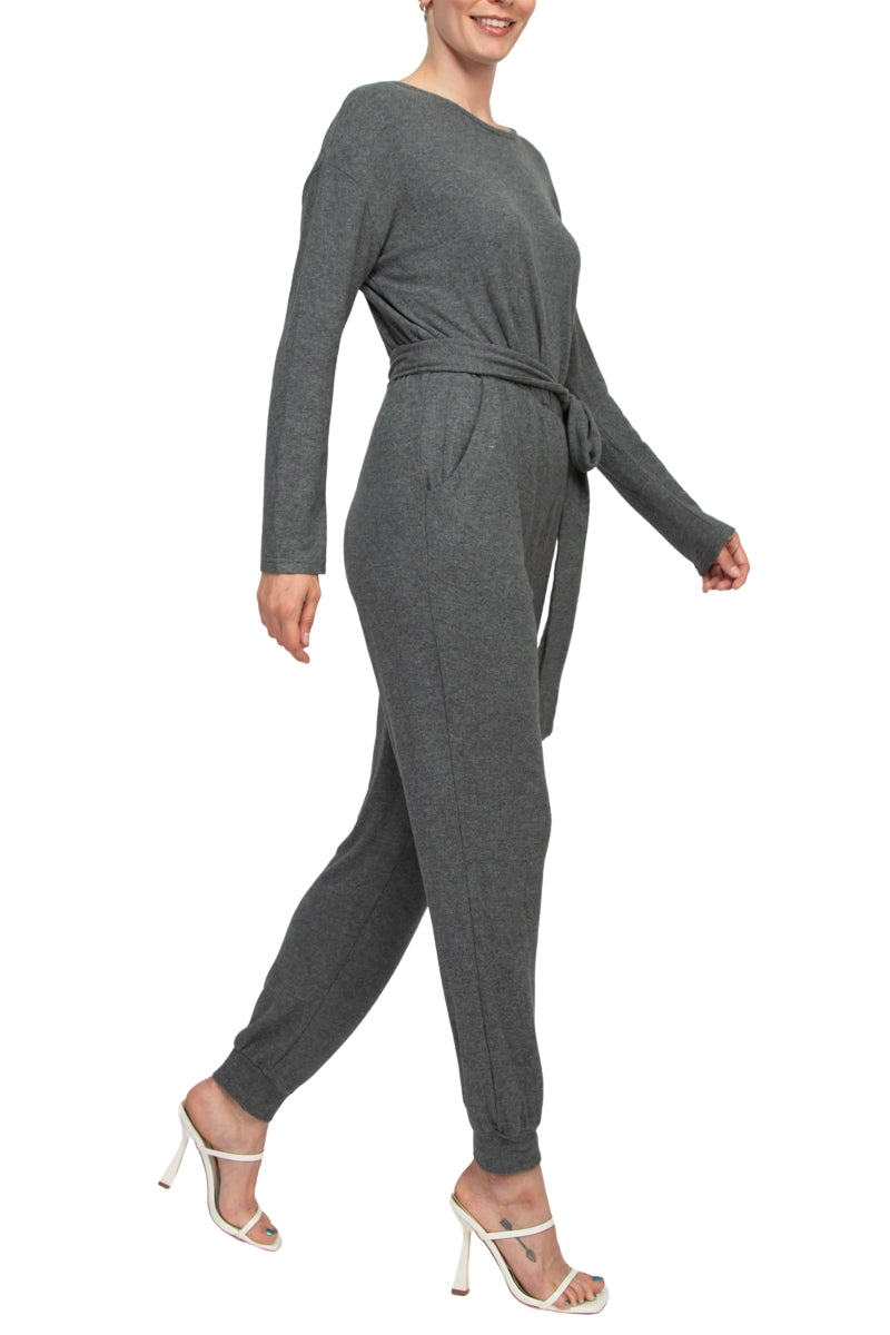 Philosophy Crew Neck Dolman Long Sleeve Tie Waist Elastic Hem Pockets Jersey Knit Jumpsuit - HEATHER GRAY - Side