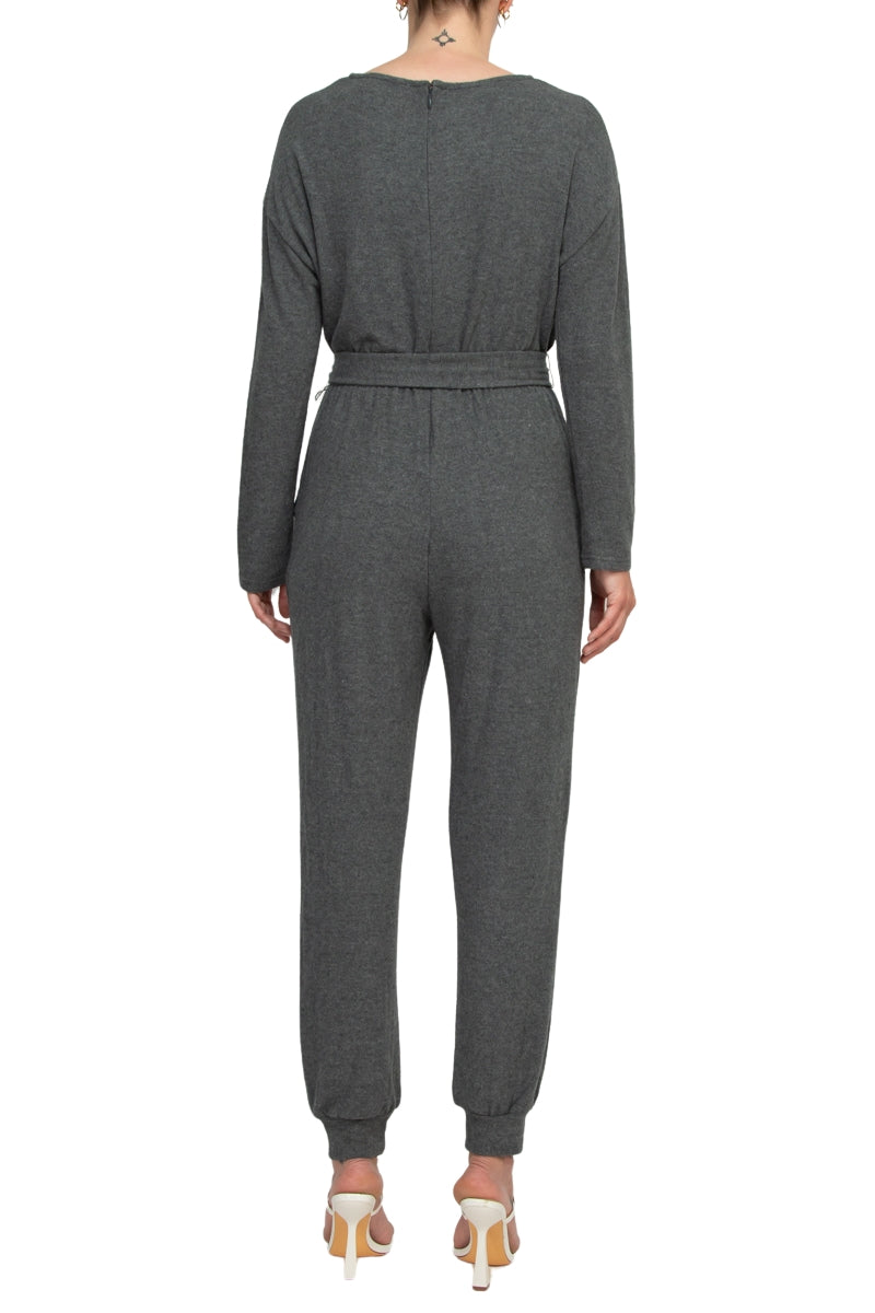 Philosophy Crew Neck Dolman Long Sleeve Tie Waist Elastic Hem Pockets Jersey Knit Jumpsuit - HEATHER GRAY - Back