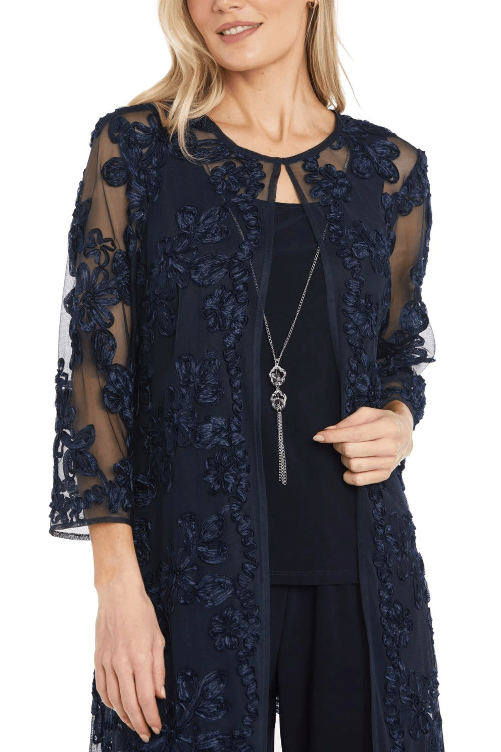 R&M Richards Round Neckline Sleeveless Top Floral Embroidered Three-Quarter Sleeves Jacket Relaxed Formal Pants Suit Dress (Plus Size)