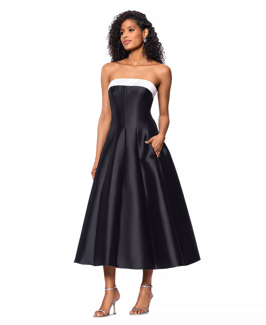 Strapless Straight Neck Tea-Length Satin Formal A-Line Betsy & Adam A27115