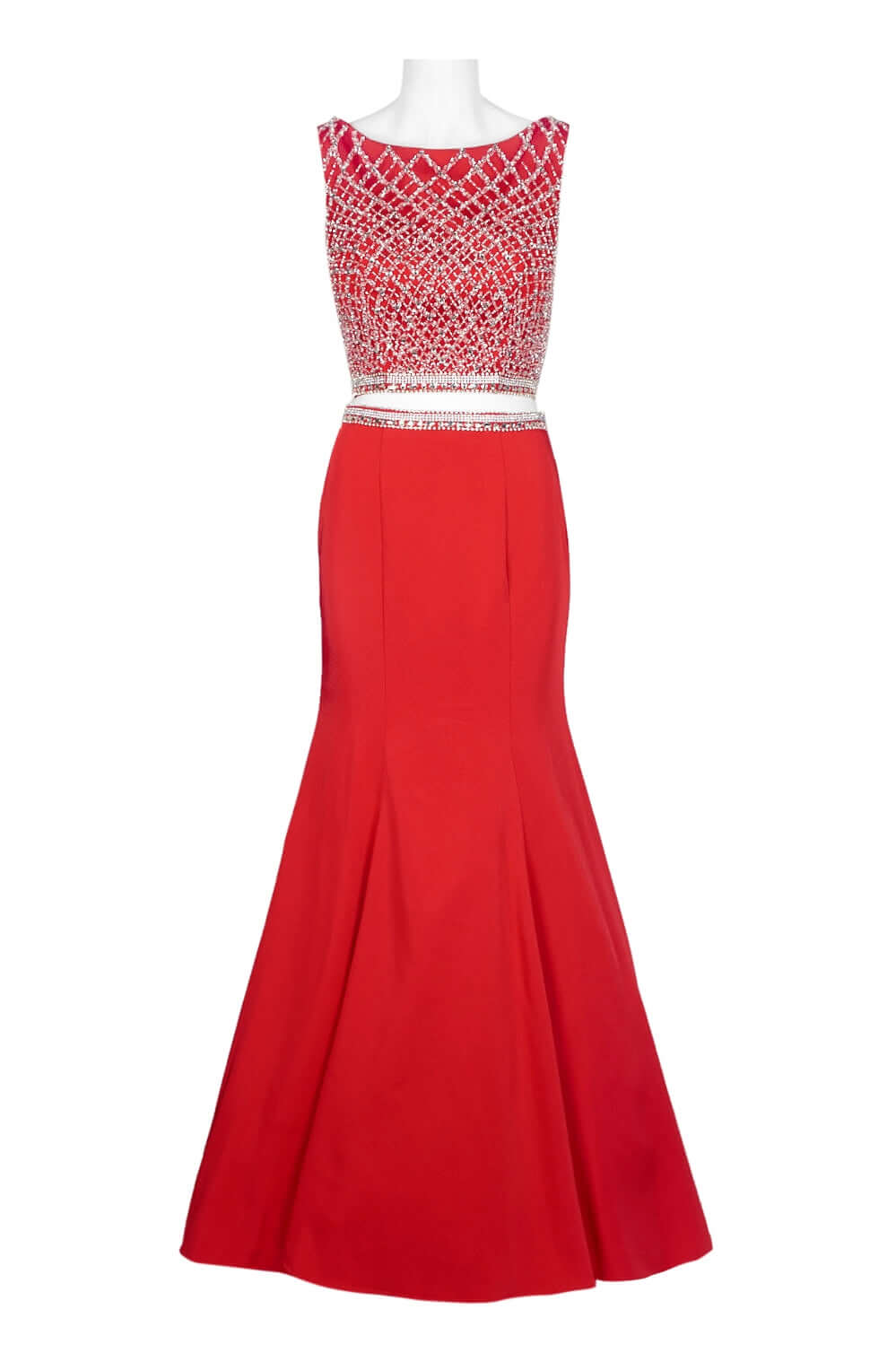 Dave & Johnny Boat Neck Sleeveless Zipper Back Embellished Waist and Bodice Mermaid Mesh Irredescent Rayon Dress - RED - Front