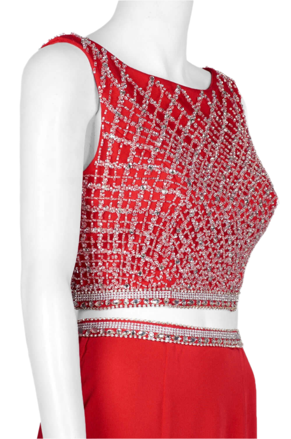 Dave & Johnny Boat Neck Sleeveless Zipper Back Embellished Waist and Bodice Mermaid Mesh Irredescent Rayon Dress - RED - Side