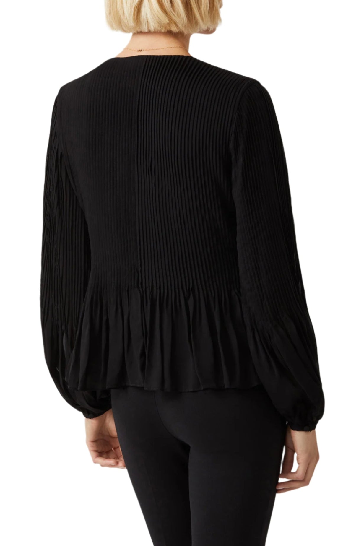 Ecru Designs V-Neck Long Sleeve Ruched Chiffon Top - BLACK - Back