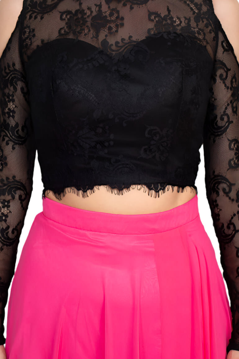 Dave & Johnny Scalloped Neck Cold Shoulder Illusion Zipper Back Lace Bodice Chiffon Dress - BLACK FUCHSIA - Neck View