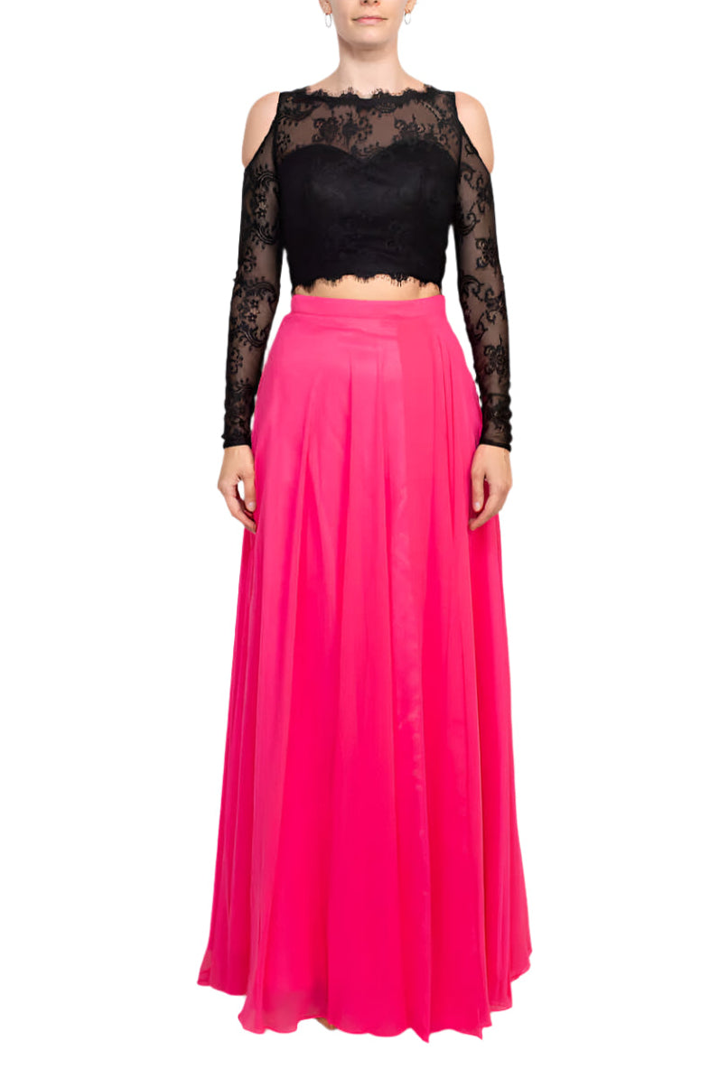 Dave & Johnny Scalloped Neck Cold Shoulder Illusion Zipper Back Lace Bodice Chiffon Dress - BLACK FUCHSIA - Front View