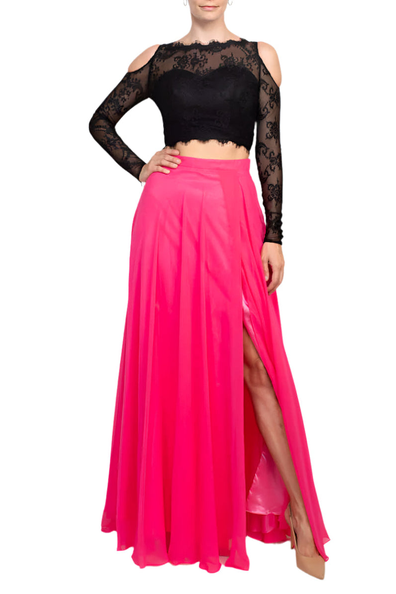 Dave & Johnny Scalloped Neck Cold Shoulder Illusion Zipper Back Lace Bodice Chiffon Dress - BLACK FUCHSIA - Front Full View