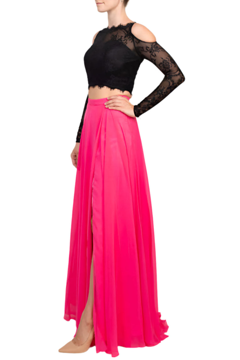 Dave & Johnny Scalloped Neck Cold Shoulder Illusion Zipper Back Lace Bodice Chiffon Dress - BLACK FUCHSIA - Side