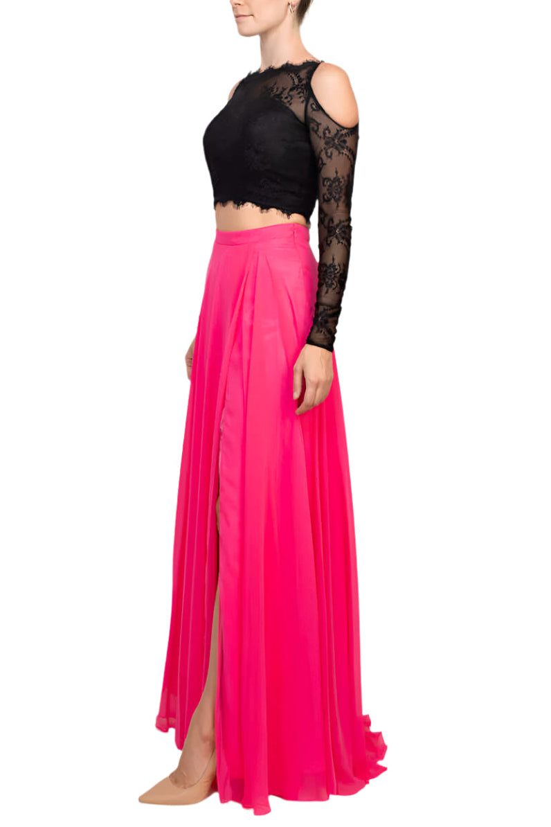 Dave & Johnny Scalloped Neck Cold Shoulder Illusion Zipper Back Lace Bodice Chiffon Dress - BLACK FUCHSIA - Side View