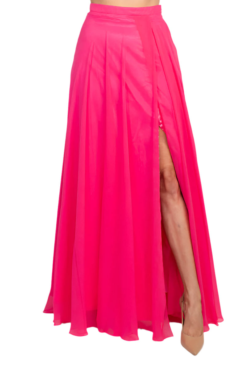 Dave & Johnny Scalloped Neck Cold Shoulder Illusion Zipper Back Lace Bodice Chiffon Dress - BLACK FUCHSIA - Bottom Front View