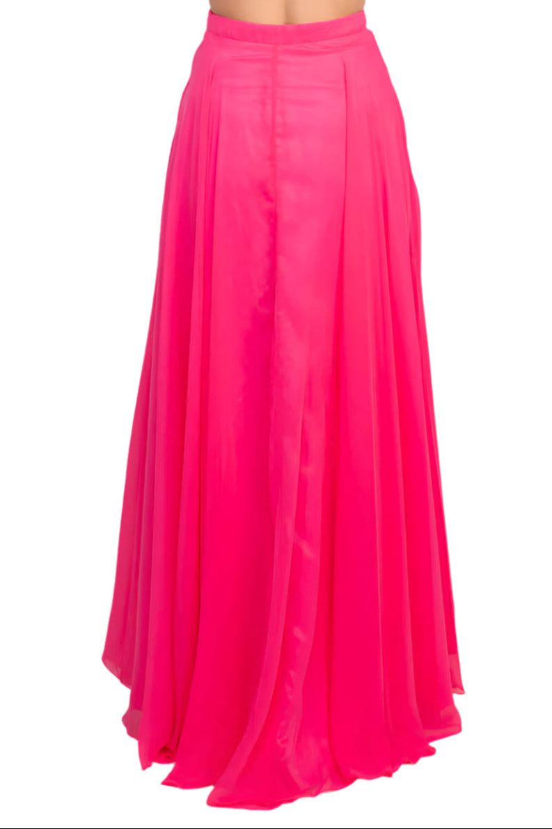 Dave & Johnny Scalloped Neck Cold Shoulder Illusion Zipper Back Lace Bodice Chiffon Dress - BLACK FUCHSIA - Bottom Back View
