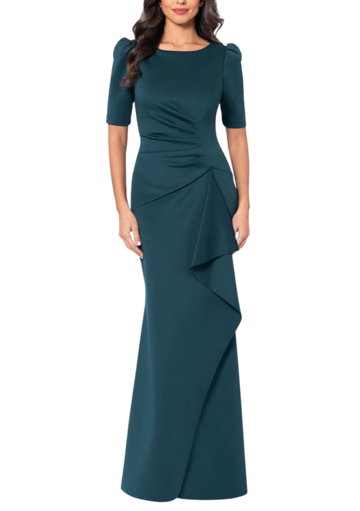 XScape Demi Boat Neckline Short Set-In Sleeves Back Zipper Side Ruffle Detail Long Dress - HUNTER - Front