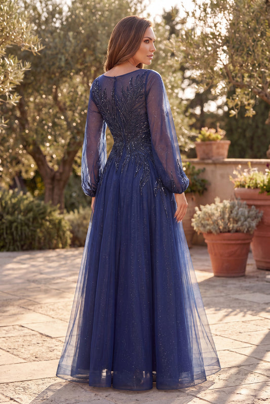 V Neck Floor Length Sleeve Formal Evening Dress