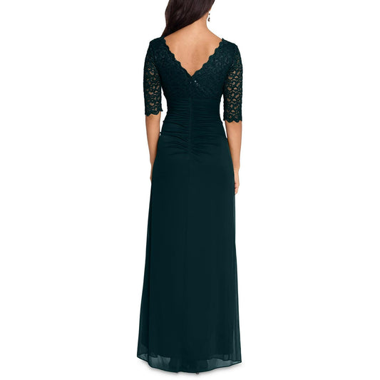 Formal Dresses V-Neck Floor-Length Chiffon Formal A-Line Dress Lace Bodice and 3/4 Sleeves Pine