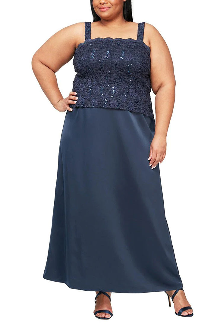 Alex Evenings Square Neck Lace Top A-Line Dress with 3/4 Sleeve Lace Jacket (2 Piece Set) - Wholesale - MIDNIGHT - Front view without jacket