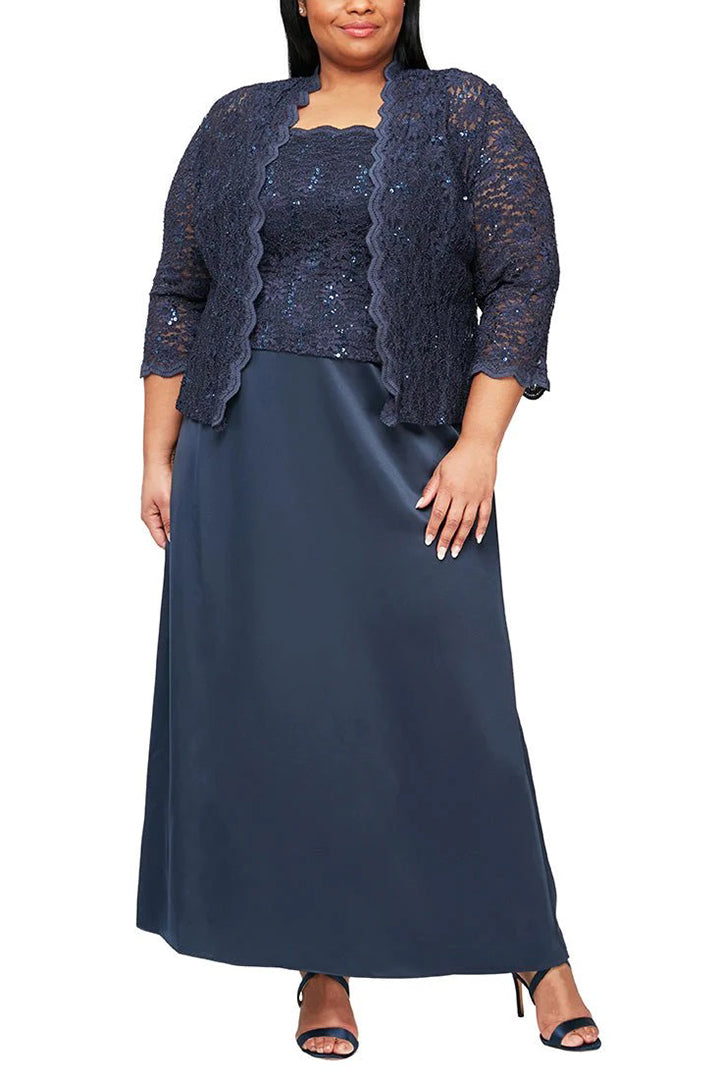 Alex Evenings Square Neck Lace Top A-Line Dress with 3/4 Sleeve Lace Jacket (2 Piece Set) - Wholesale - MIDNIGHT - Front