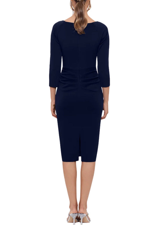 Cocktail Dresses V-Neck 3/4 Sleeve Sheath Side Ruffle Cocktail Dress Navy