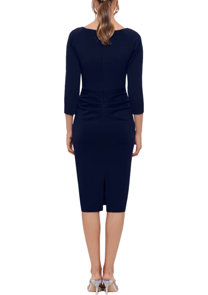 XScape Allie V-Neckline 3/4 Sleeves Back Zipper Side Ruffle Sheath Midi Dress - NAVY - Back