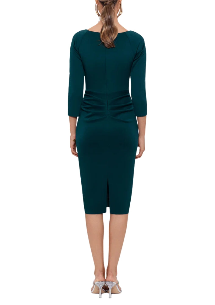 XScape Allie V-Neckline 3/4 Sleeves Back Zipper Side Ruffle Sheath Midi Dress - HUNTER - Back