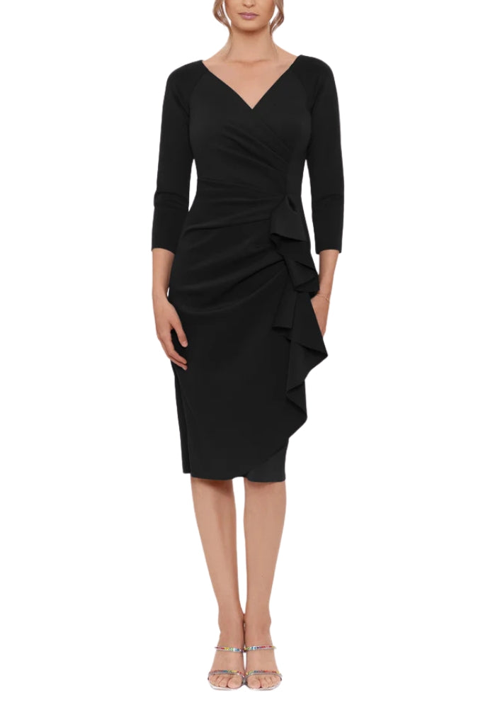 XScape Allie V-Neckline 3/4 Sleeves Back Zipper Side Ruffle Sheath Midi Dress - BLACK - Front