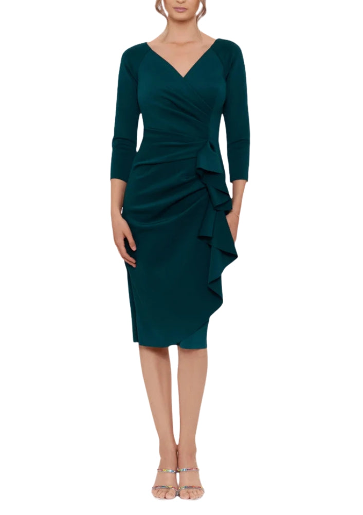 XScape Allie V-Neckline 3/4 Sleeves Back Zipper Side Ruffle Sheath Midi Dress - HUNTER - Front