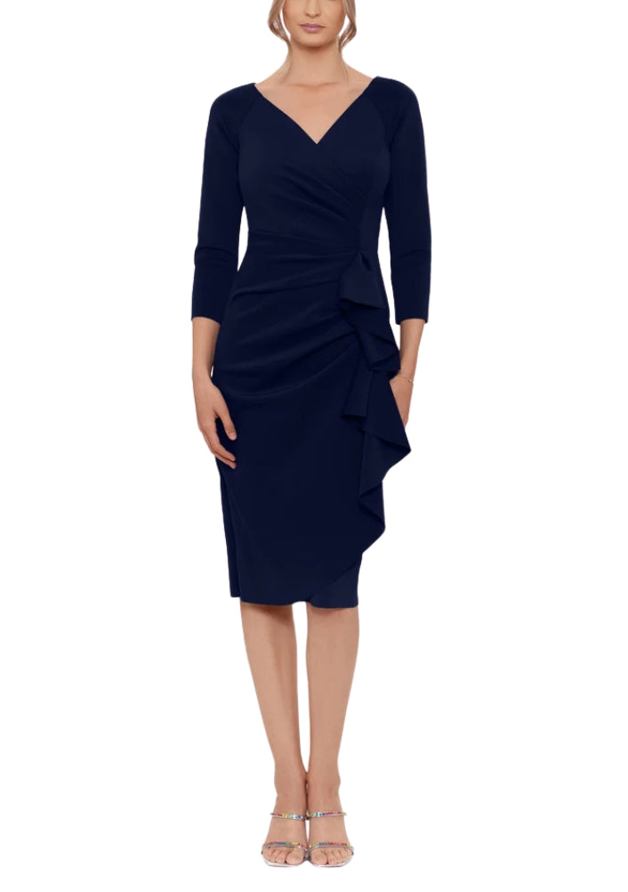 XScape Allie V-Neckline 3/4 Sleeves Back Zipper Side Ruffle Sheath Midi Dress - NAVY - Front