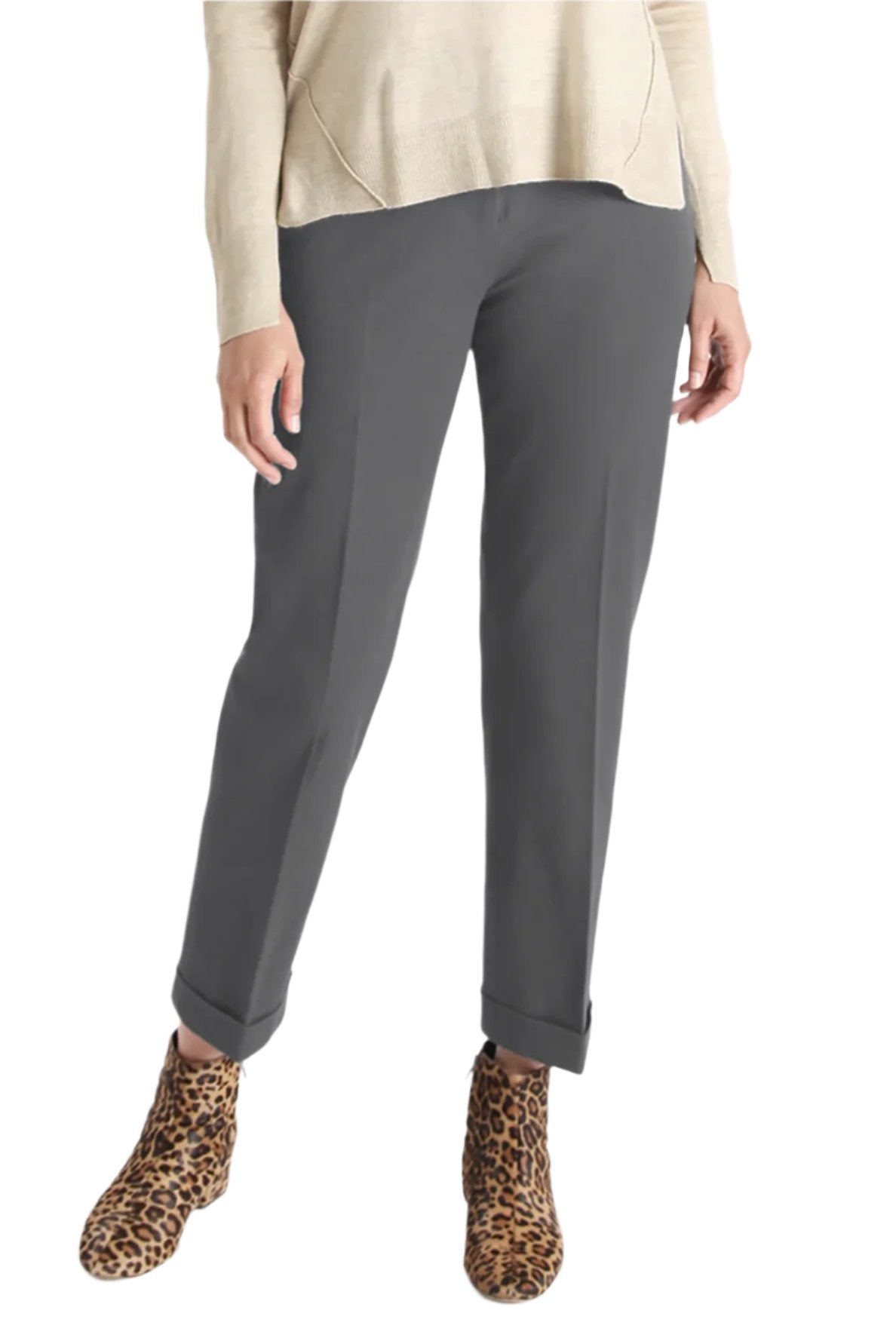 Peace of Cloth Mid Waist Belt Hoop Zipper Hoop Bar Button Closure Solid Folded hem Twill Pant - PEWTER - FRONT