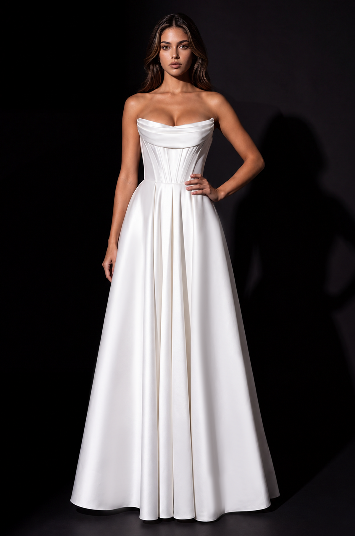 Off White Classic Long Mikado Corset Formal Ball Gown, studio front view