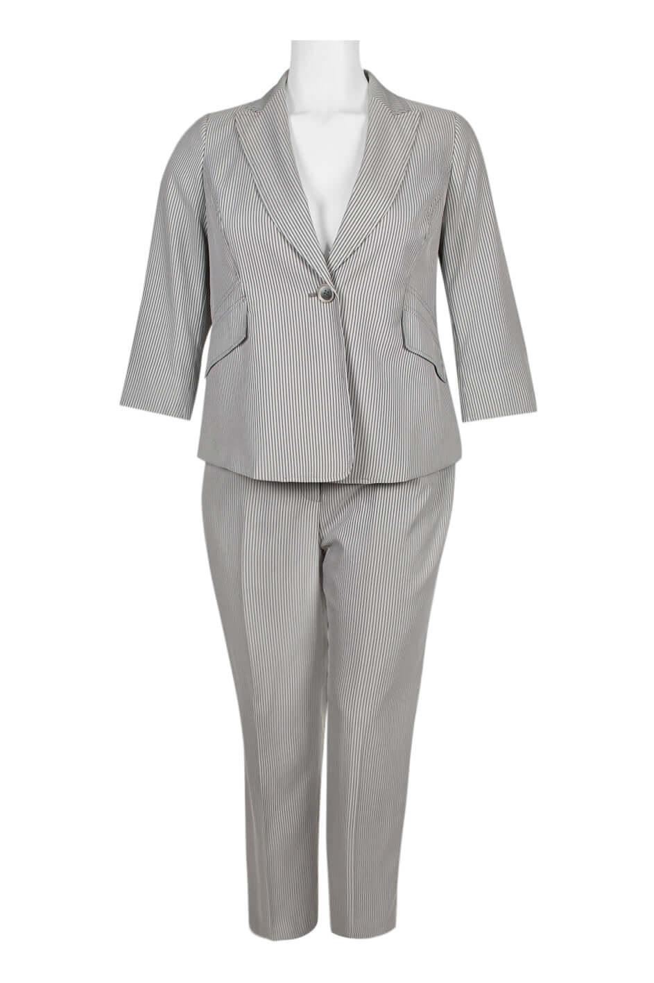 Evan Picone Notched Collar One Button 3/4 Sleeve Twill Pants Suit (Plus Size) - BLACK WHITE - Front